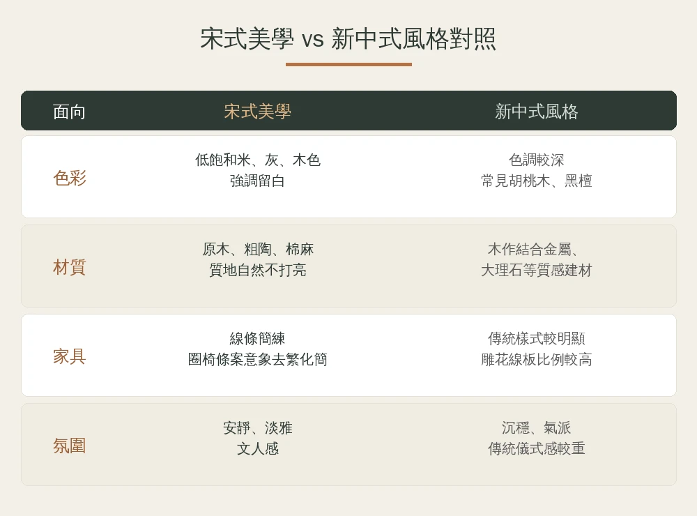 宋式美學裝潢與新中式風格四面向對照資訊圖：色彩、材質、家具、氛圍的差異比較