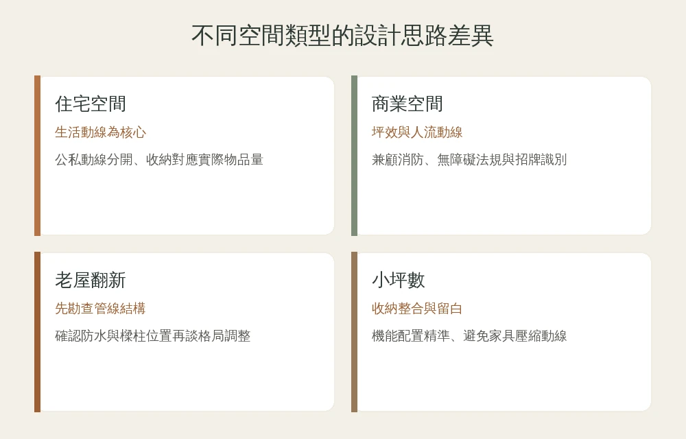 住宅、商業空間、老屋翻新、小坪數四種空間類型的設計思路差異資訊圖