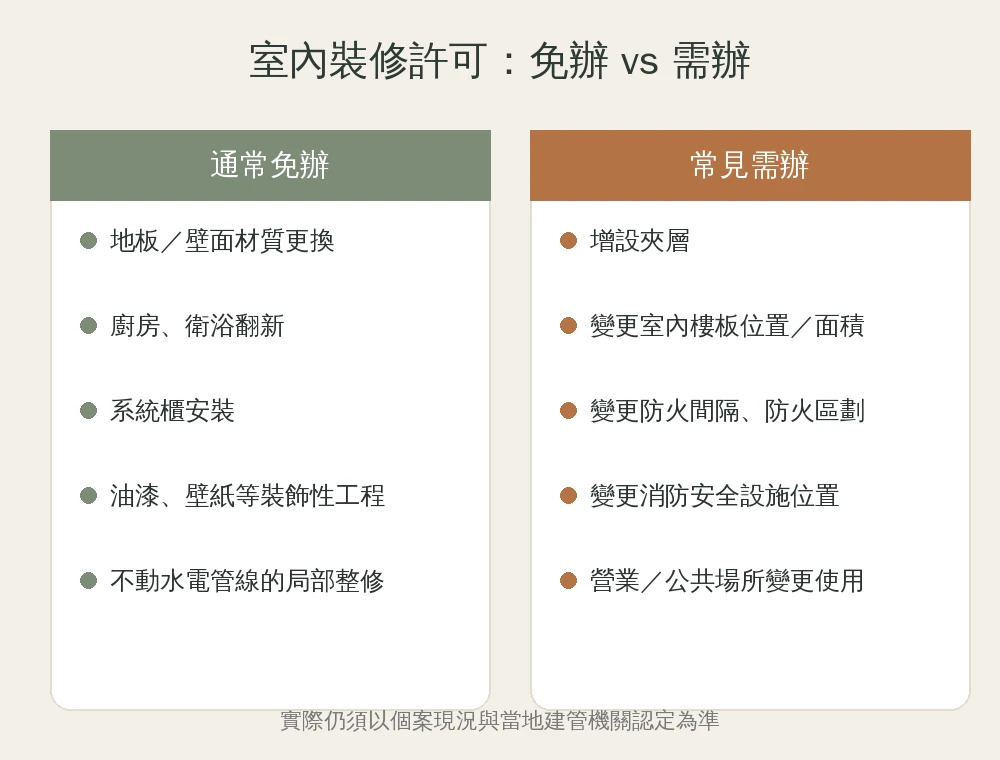 台中裝潢室內裝修許可免辦與需辦情況對照資訊圖：地板壁面更換、廚衛翻新、系統櫃通常免辦；增設夾層、變更防火間隔、公共場所變更使用通常需辦
